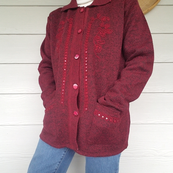Mid-Length Modern Cardigan Sweater Sequin Gorgeous Deep Burgundy/Black - Picture 12 of 14